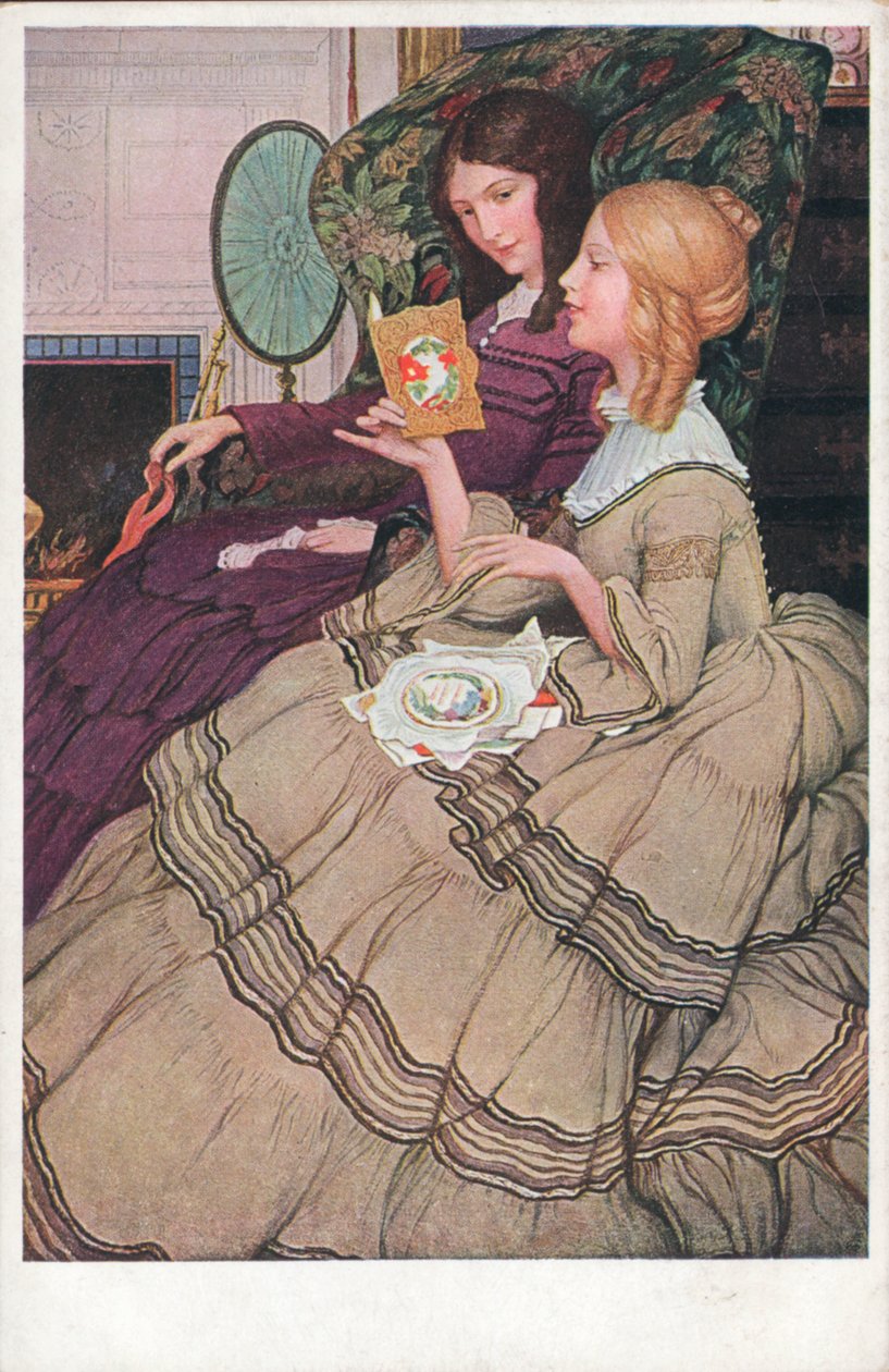 Meisjes lezen Valentijnskaarten (kleurenlitho) door English School