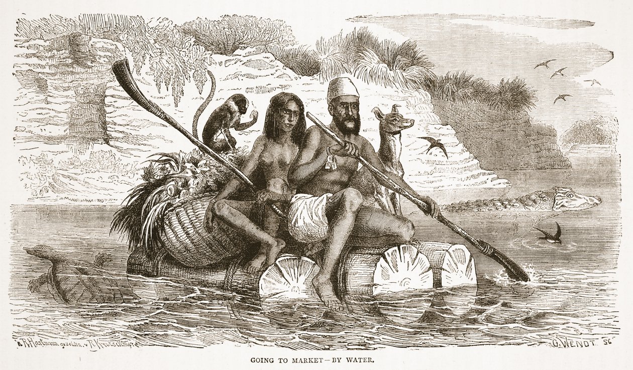 Op weg naar de markt - over water, illustratie uit The Pictorial Edition of the Life and Discoveries of David Livingstone door J. Ewing Richie, uitgegeven door A. Fullarton & Co., 1876 door English School