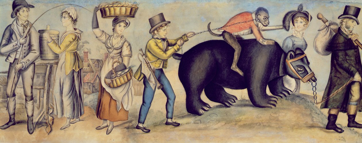Op weg naar de Kermis, detail van een optredende beer en aap, c.1815 door English School