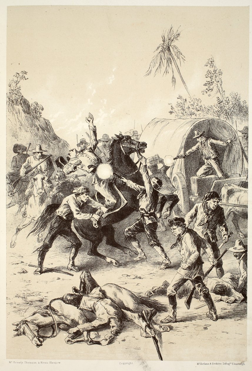 Goud-escorte aangevallen door Bush Rangers, uit The History of Australasia door David Blair, McGrady, Thomson, en Niven, 1879 door English School