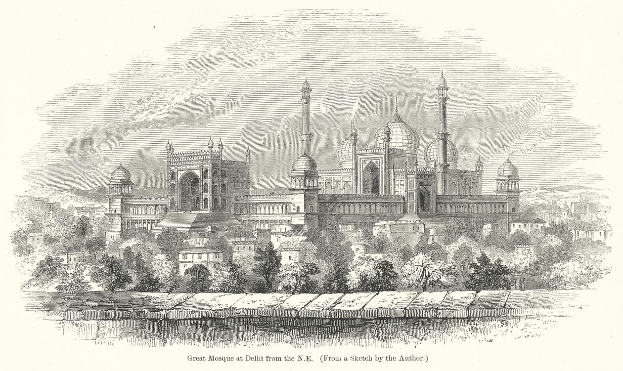 Grote Moskee in Delhi vanuit het NE (gravure) door English School