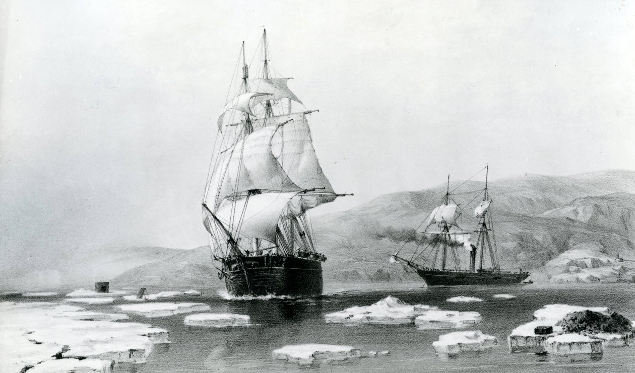 HMS Assistance en Pioneer breken uit de winterkwartieren in 1854 (lithografie) door English School