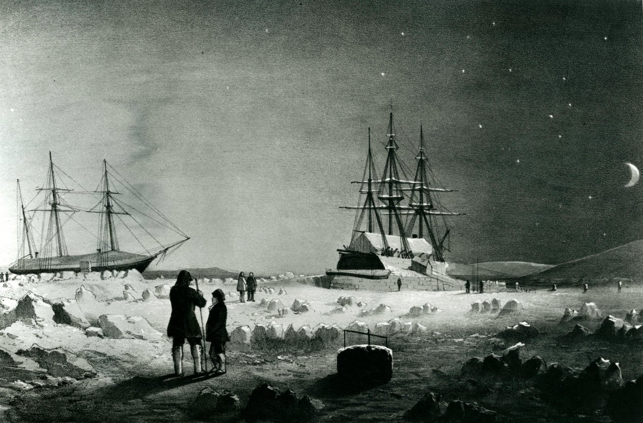HMS Assistance en Pioneer in winterkwartieren terugkerend daglicht door English School