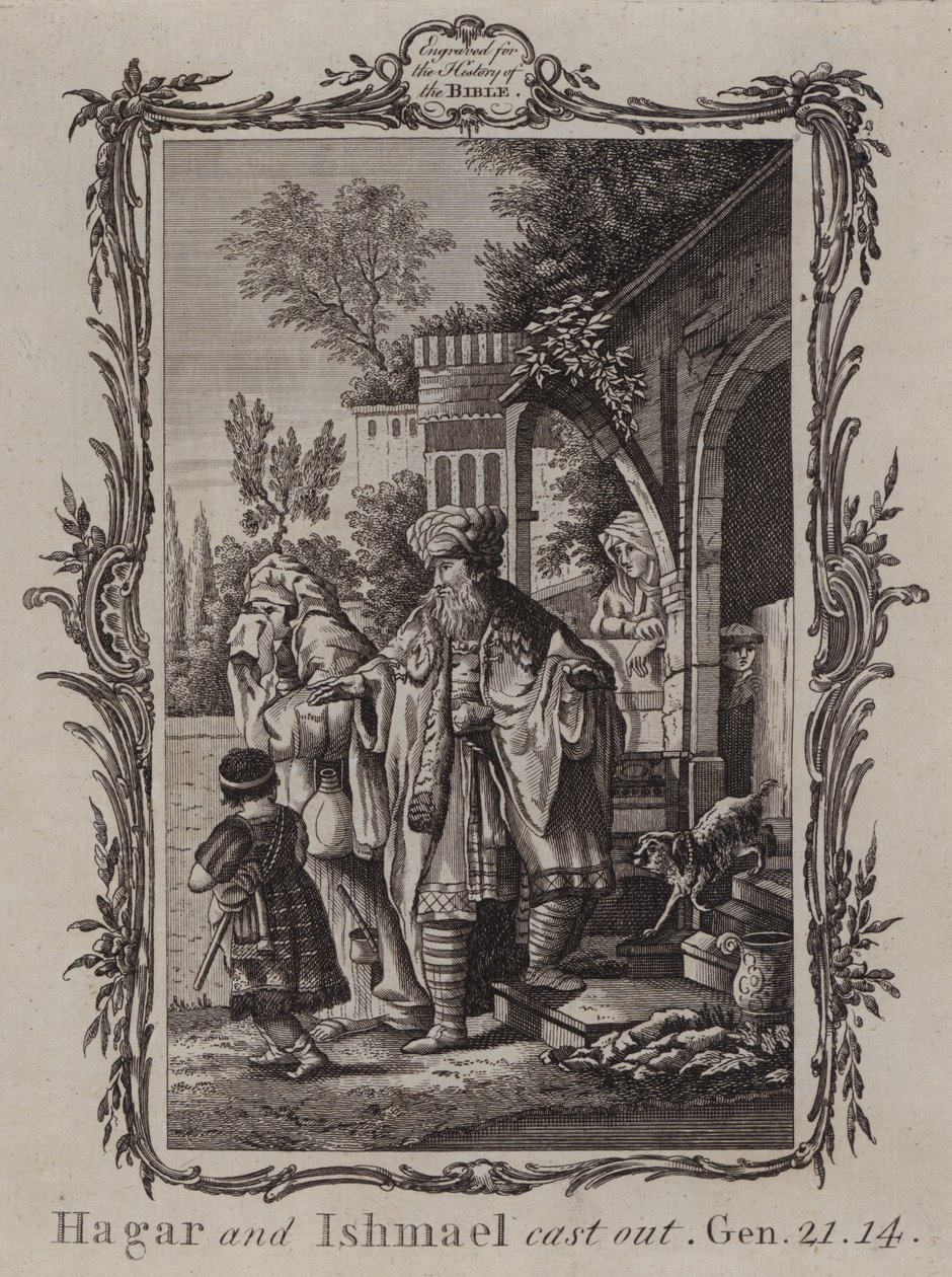 Hagar en Ismaël uitgeworpen (gravure) door English School