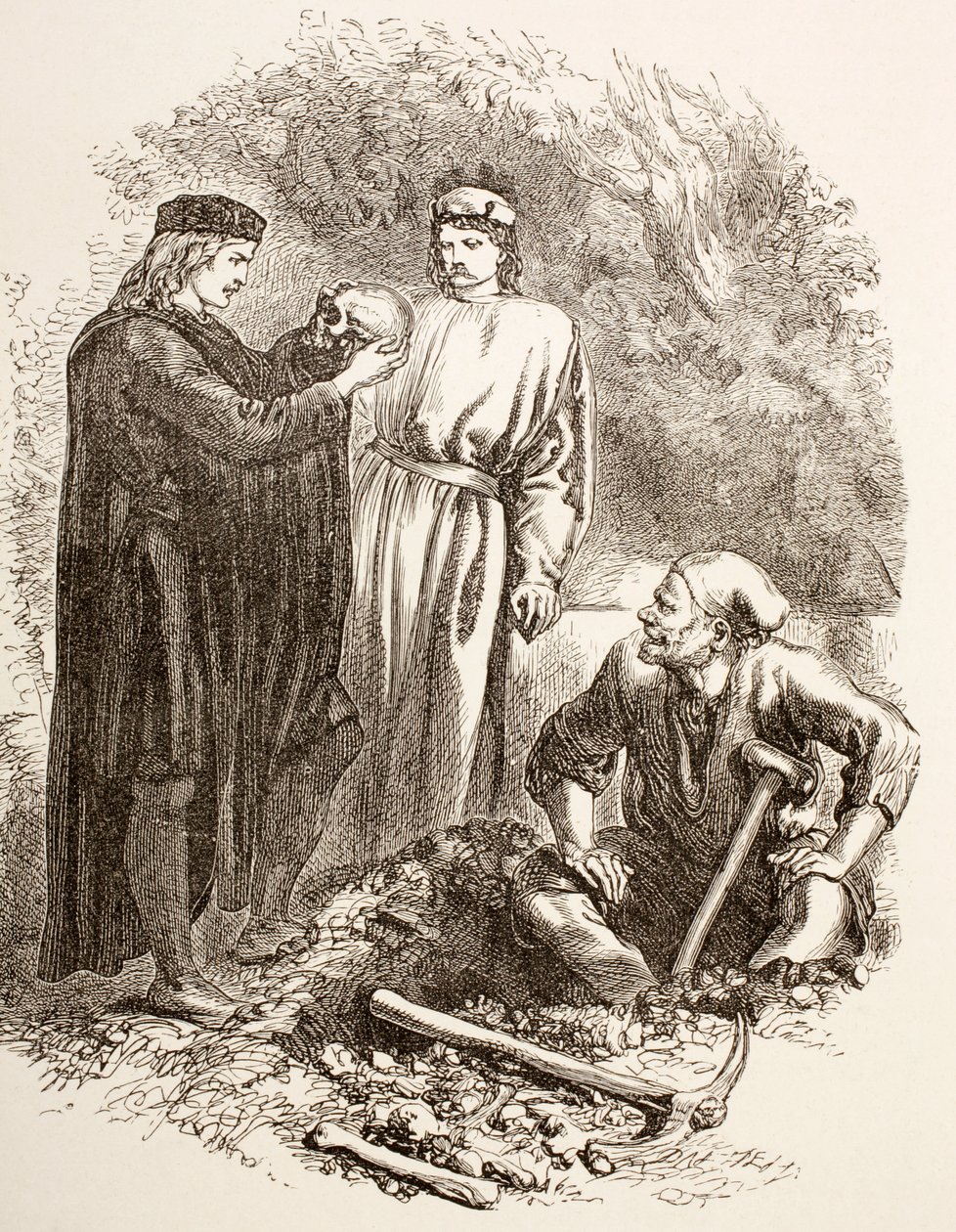 Hamlet houdt de schedel van Yorick vast, illustratie van Act V, Scene I in Hamlet, uit 