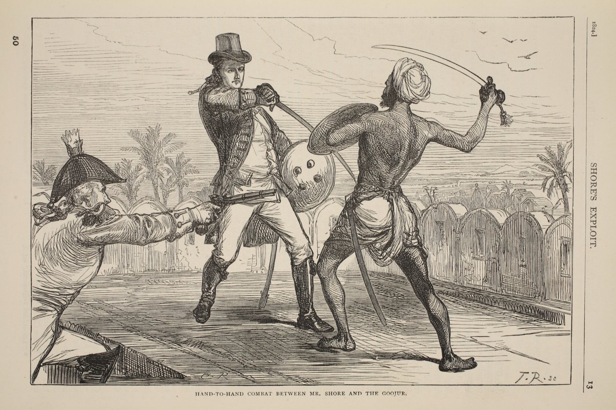 Handgemeen tussen de heer Shore en de Goojur, illustratie uit Cassells Geïllustreerde Geschiedenis van Engeland door English School