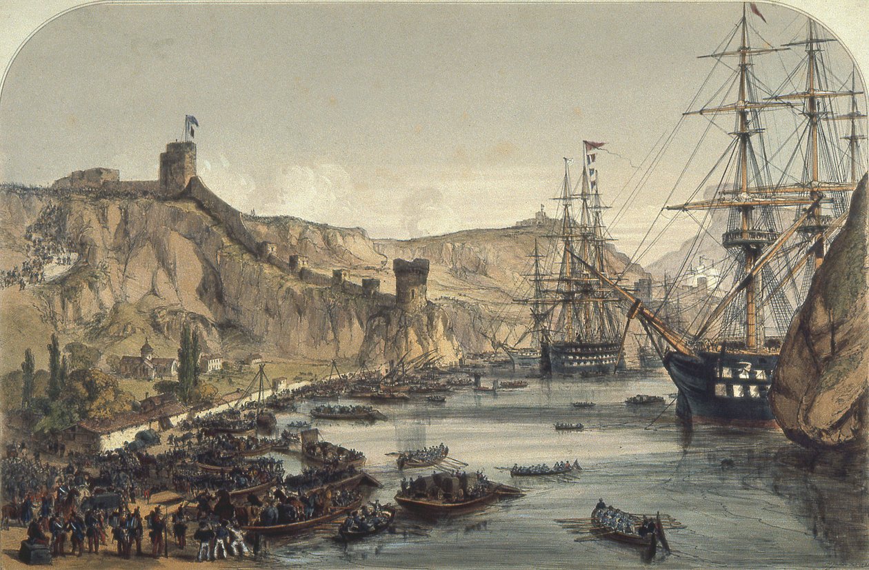 Haven van Balaklava kijkend naar de Zwarte Zee, 1859 door English School
