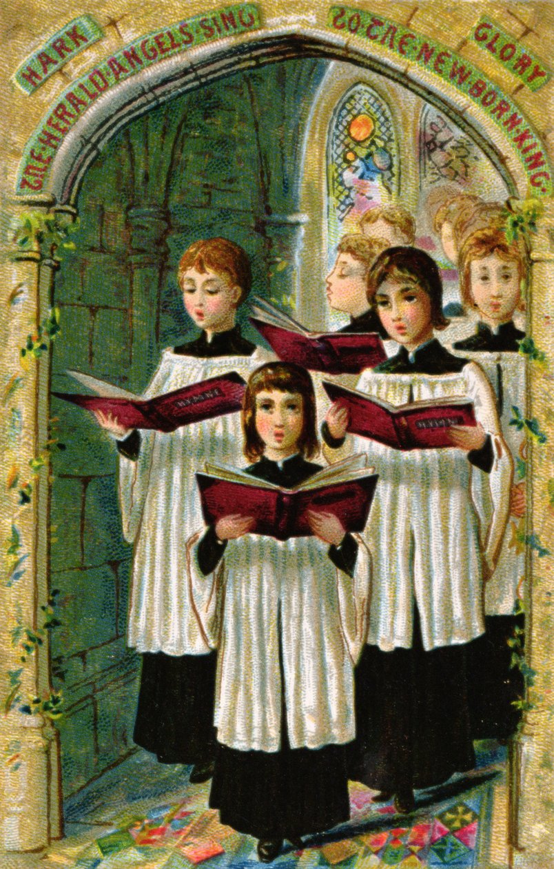 "Hark the Herald Angels Sing", Victoriaanse ansichtkaart door English School