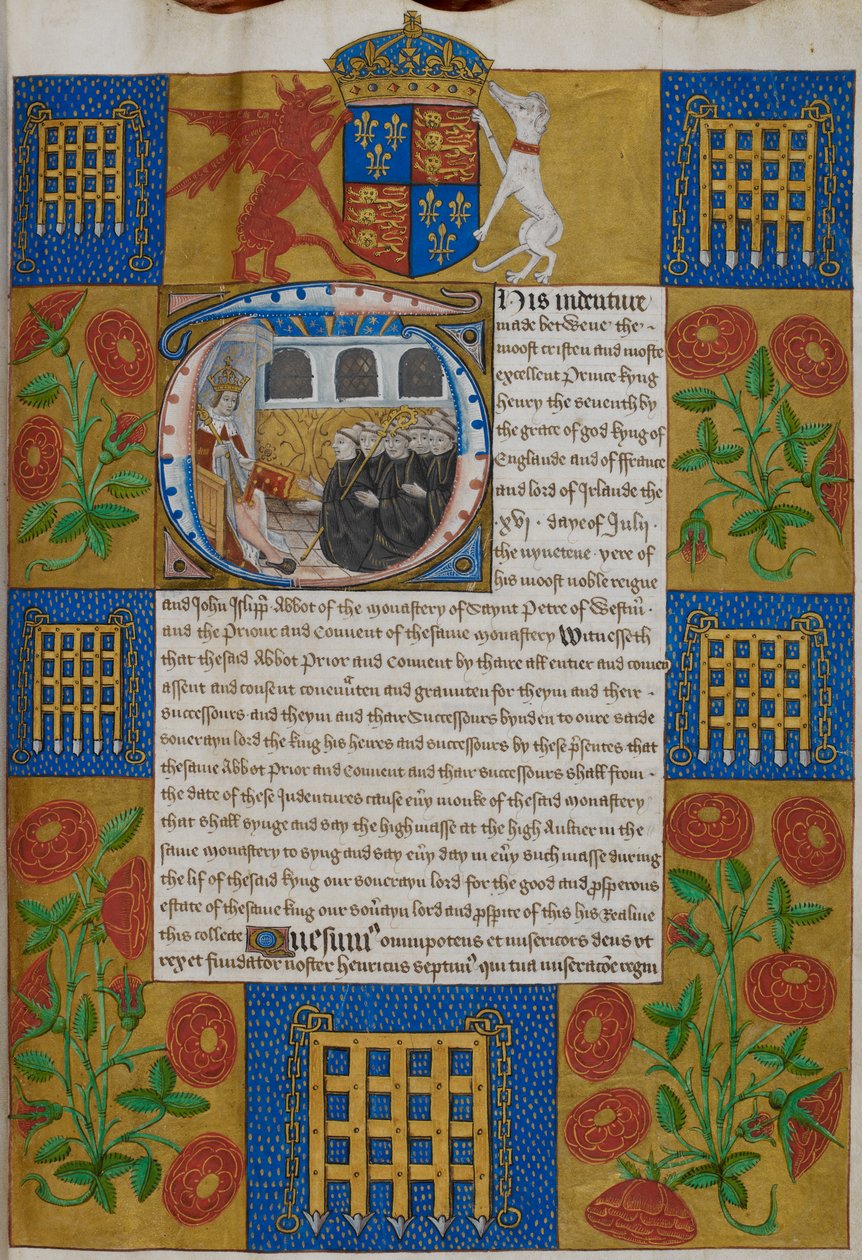 Henry VII presenteert de akte aan John Islip, abt van Westminster Abbey door English School