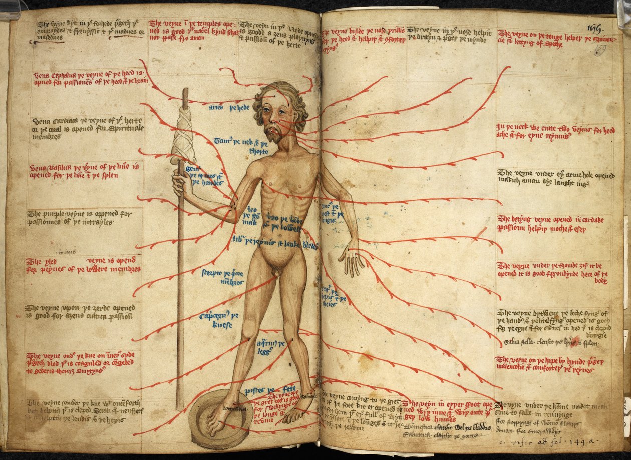 Miniatuur van een aderlating man met één voet in een bloedpan en een spil in zijn hand, illustratie uit 
