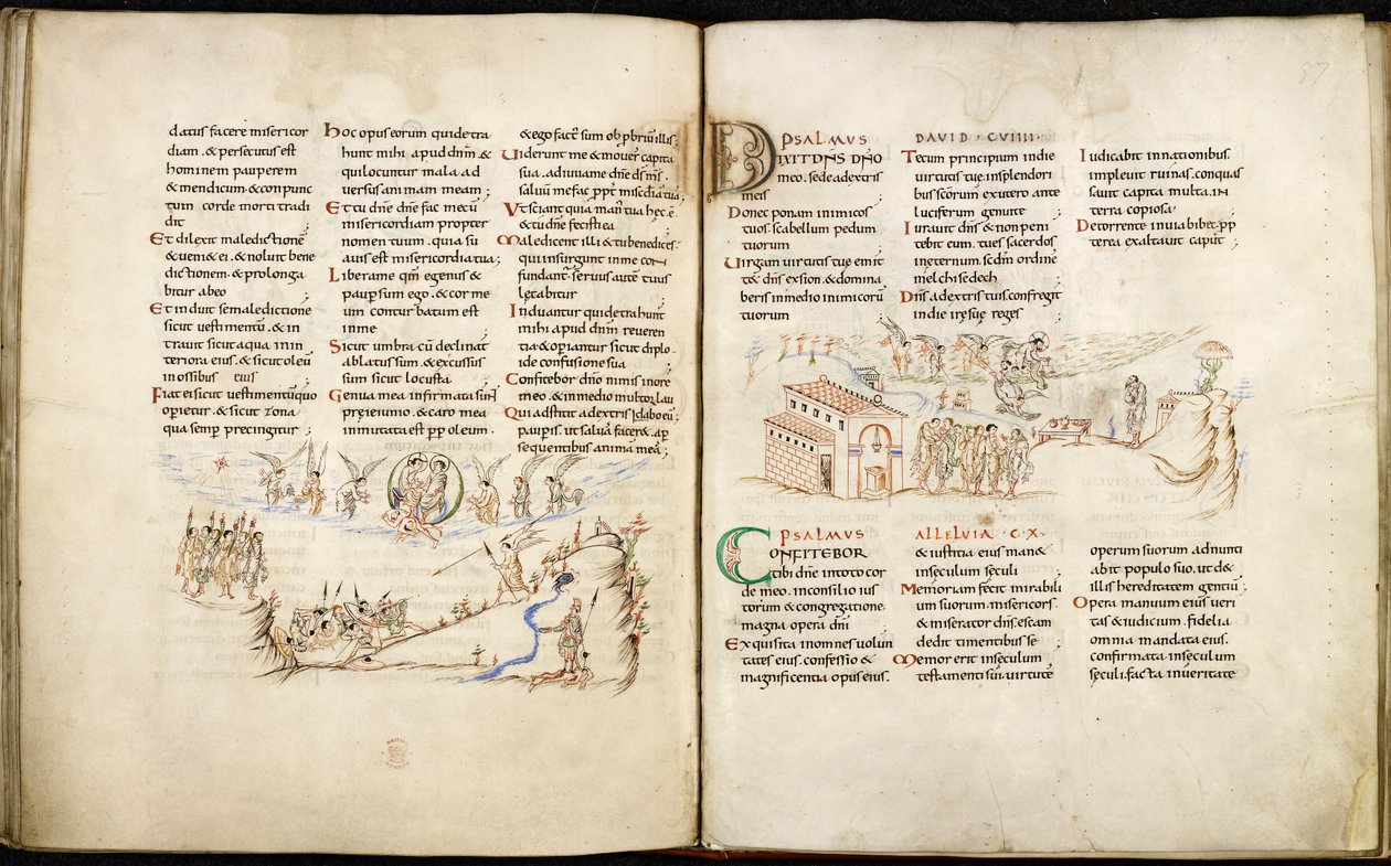 Dubbele pagina uit Harley Psalter met pentekeningen door English School