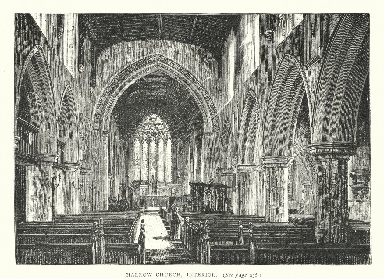 Harrow Church, interieur (gravure) door English School