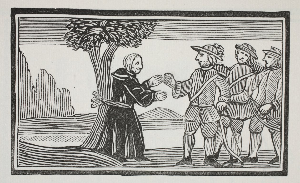 Hij bond de abt aan een boom, illustratie uit Chap-books van de achttiende eeuw door John Ashton, uitgegeven 1882 door English School