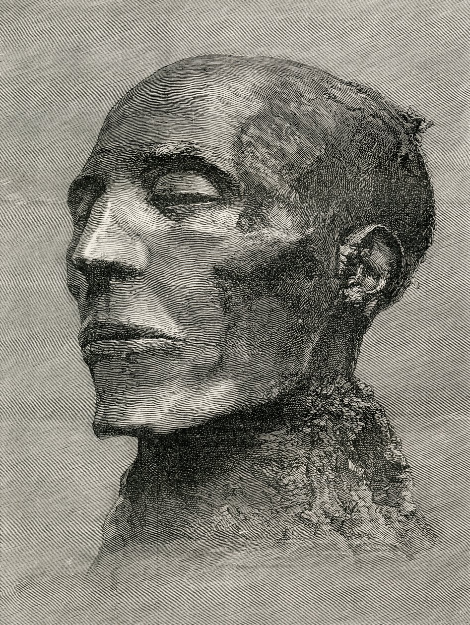 Hoofd van de mummie van Menmaatre Seti I, ook bekend als Sethos I, Farao van het Oude Egypte, uit The Worlds Inhabitants door G.T. Bettany, gepubliceerd 1888 door English School