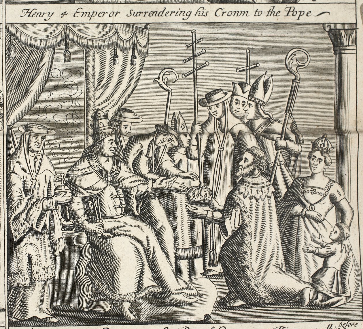 Hendrik IV keizer geeft zijn kroon over aan de paus, illustratie uit Handelingen en Monumenten van John Foxe, negende editie, uitgegeven 1684 door English School