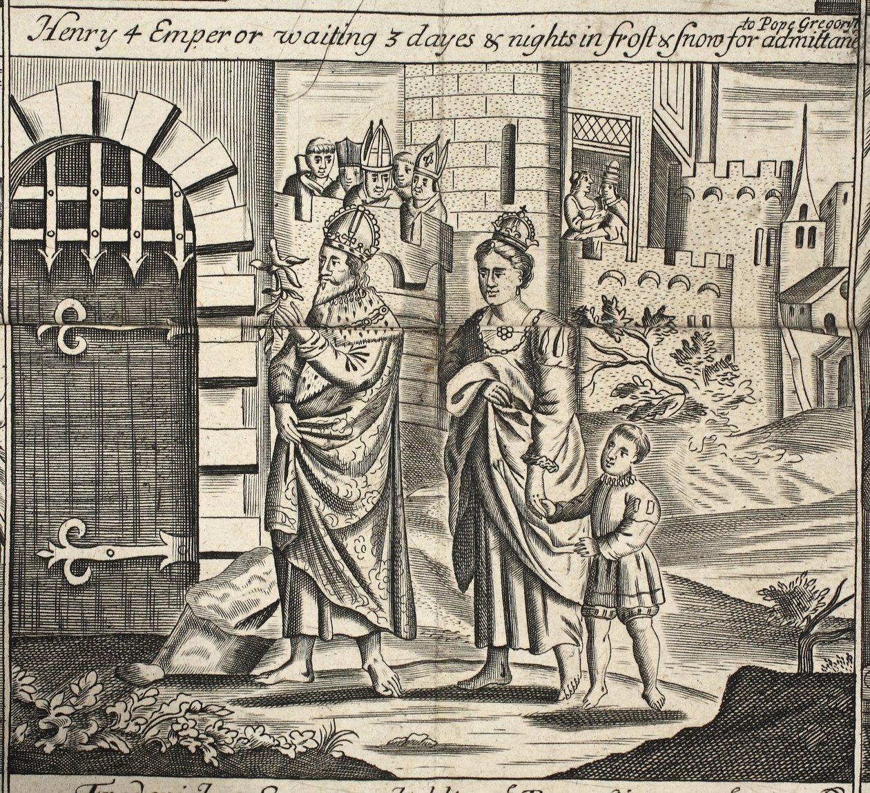 Hendrik IV keizer wacht 3 dagen en nachten in vorst en sneeuw voor toelating tot paus Gregorius, illustratie uit Handelingen en Monumenten van John Foxe, negende editie, uitgegeven 1684 door English School
