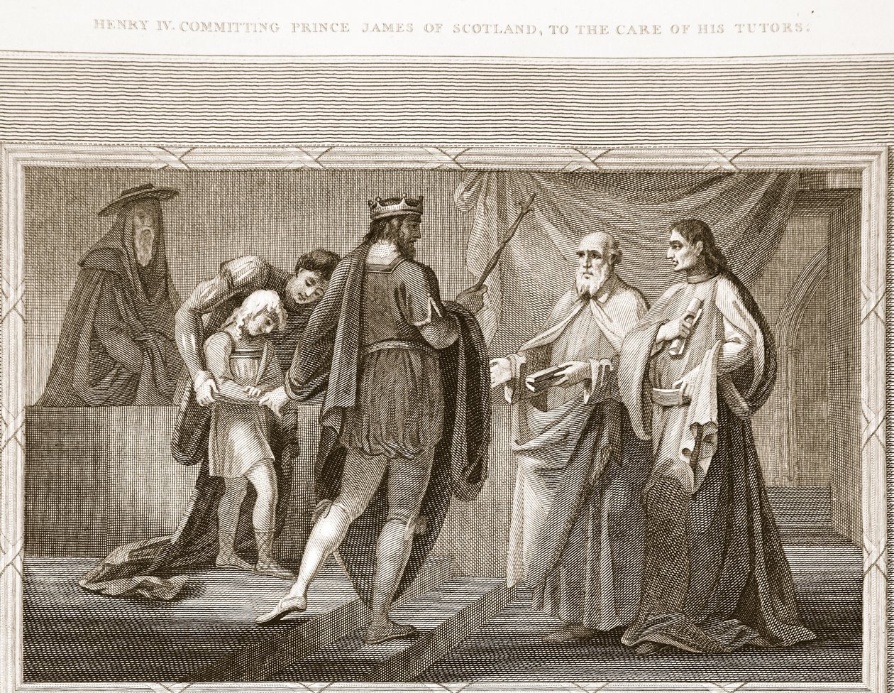 Hendrik IV vertrouwt prins James van Schotland toe aan zijn leraren, illustratie uit David Humes The History of England, uitgegeven door R. Bowyer, Londen, 1812 door English School