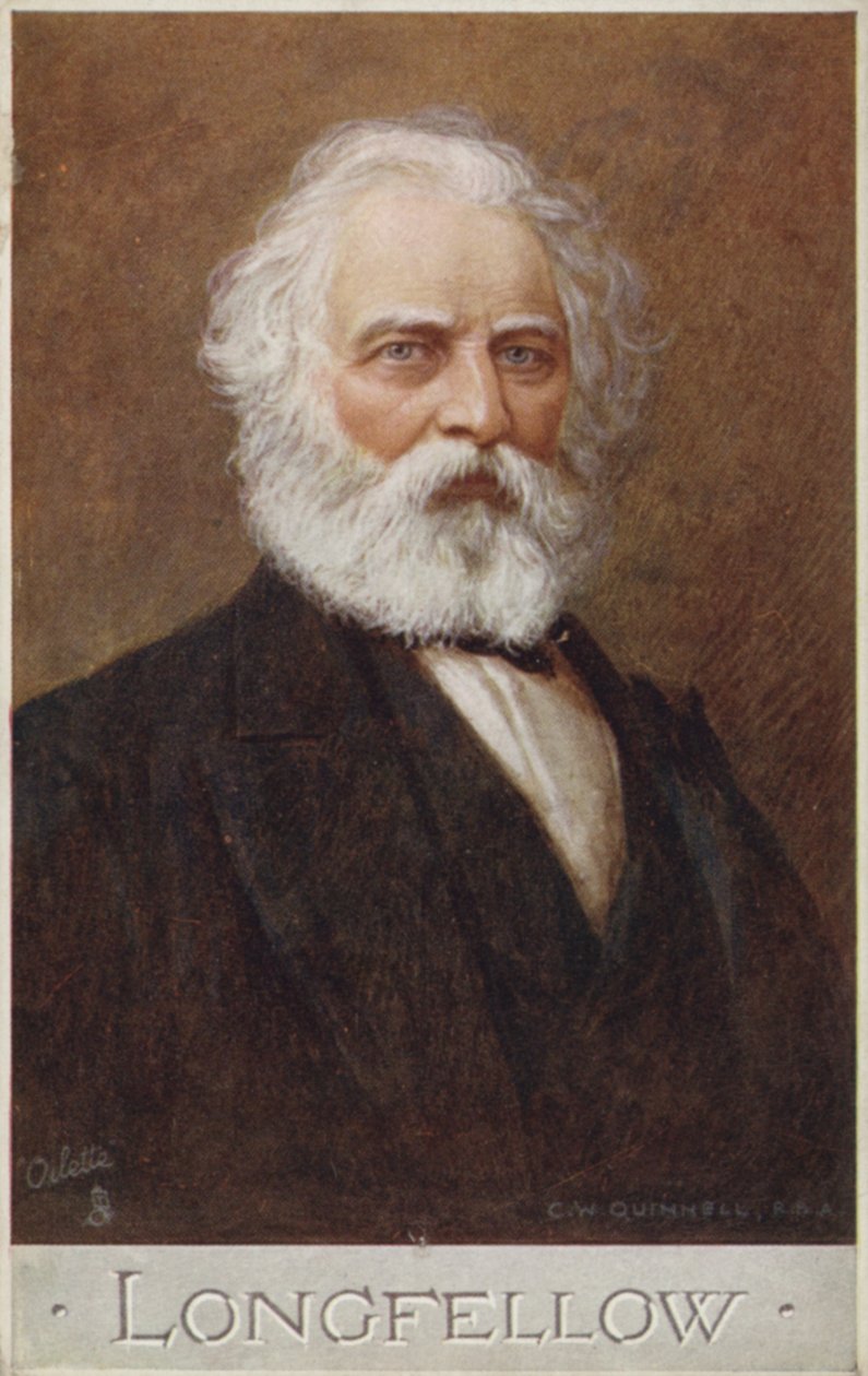 Henry Wadsworth Longfellow (1807-1882), Amerikaans dichter (kleurenlitho) door English School