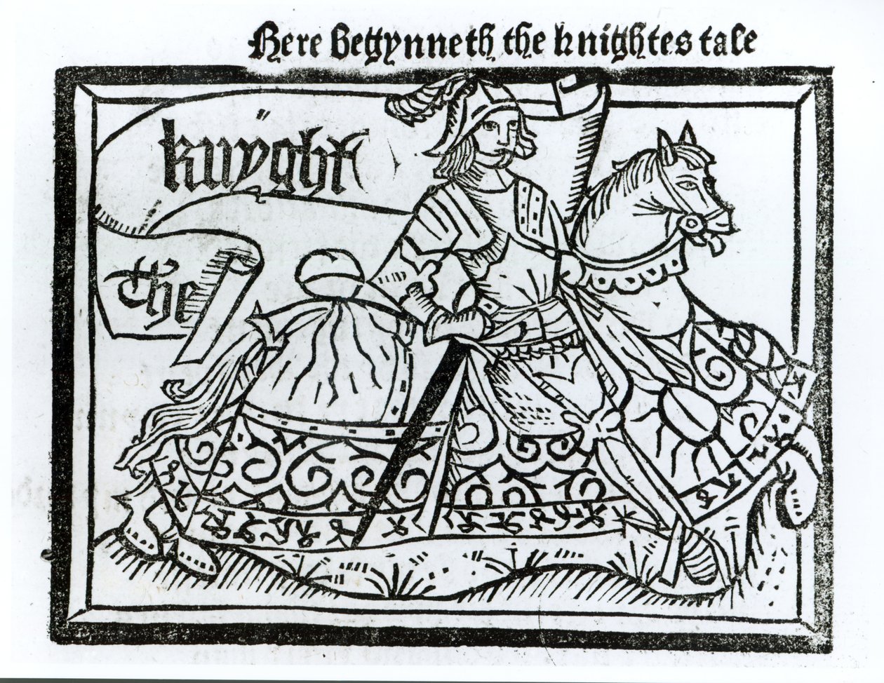 Hier Begint het Verhaal van de Ridder, illustratie uit The Canterbury Tales door Geoffrey Chaucer (c.1345-1400) gedrukt door William Caxton (c.1422-91) 1434 door English School