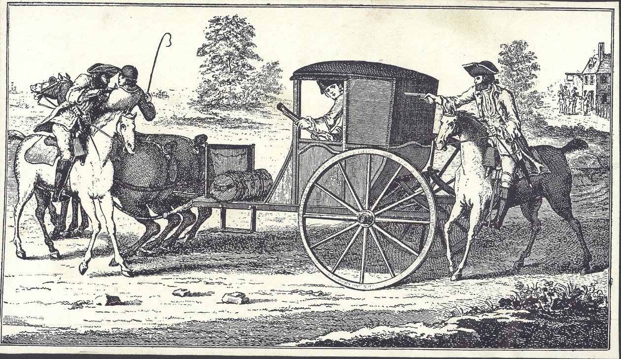 Snelwegrovers James MacLaine en William Plunkett beroven de Graaf van Eglinton op Hounslow Heath, 26 juni 1750 door English School