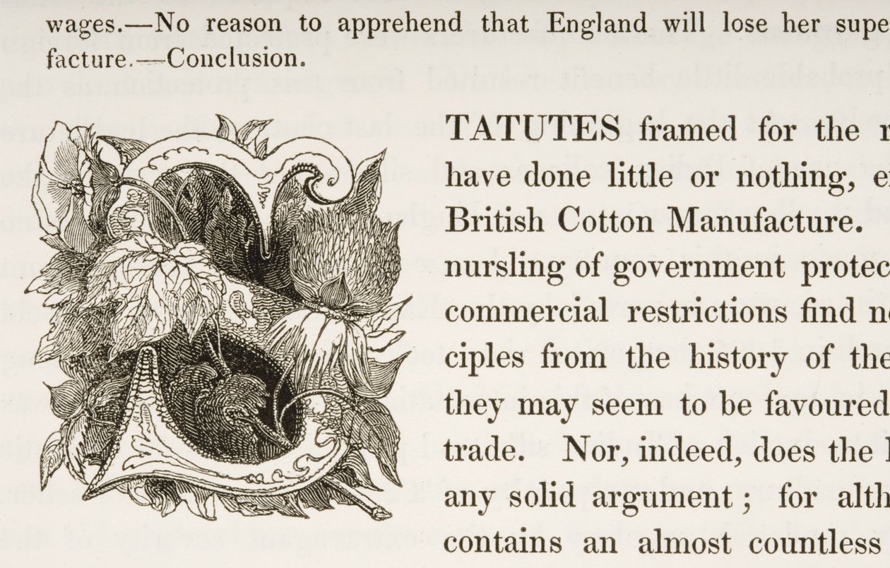 Versierde initiaal S, uit een boek over Britse katoenfabricage door English School