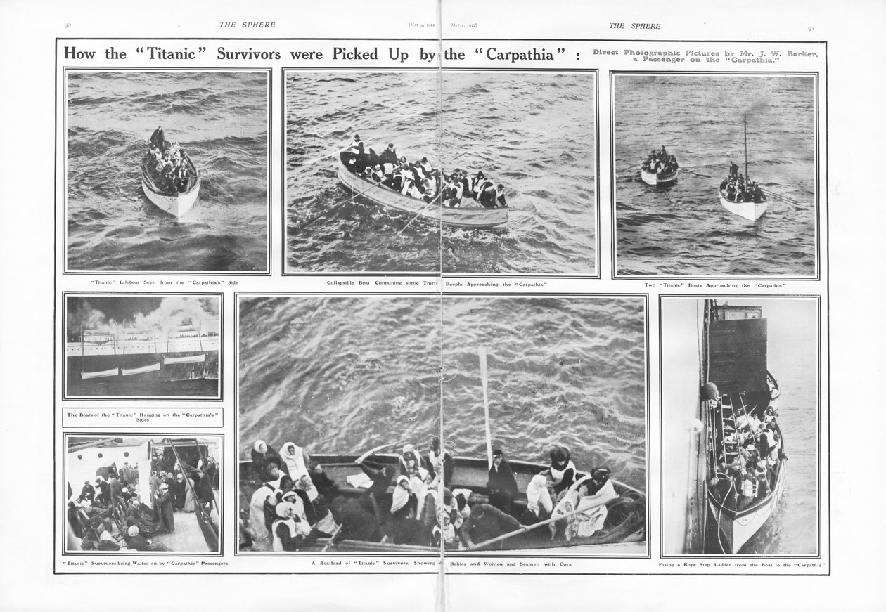 Hoe de overlevenden van de Titanic werden opgepikt door de Carpathia, uit The Sphere, 04 mei 1912 door English School