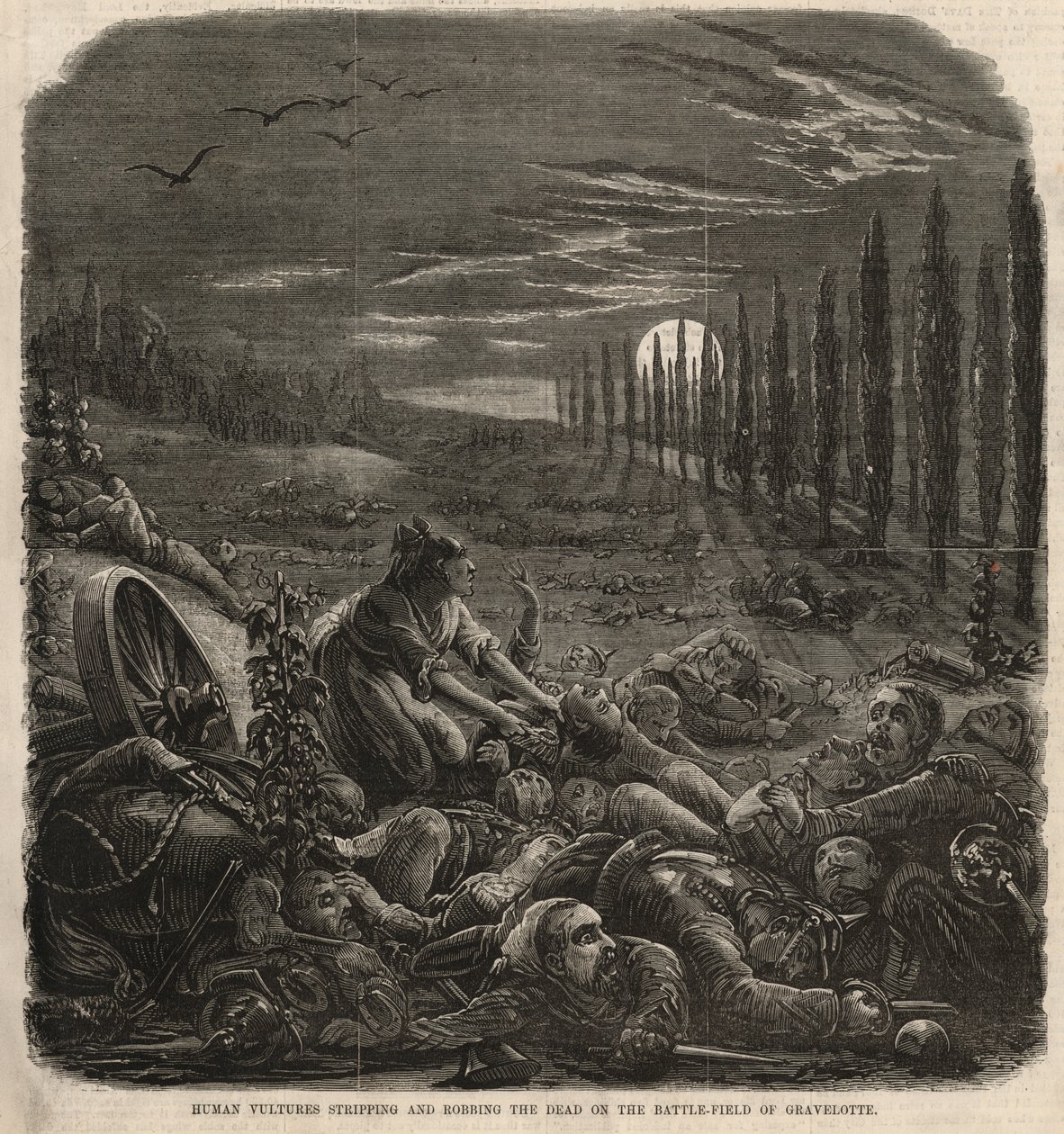 Menselijke gieren die de doden strippen en roven op het slagveld van Gravelotte (gravure) door English School