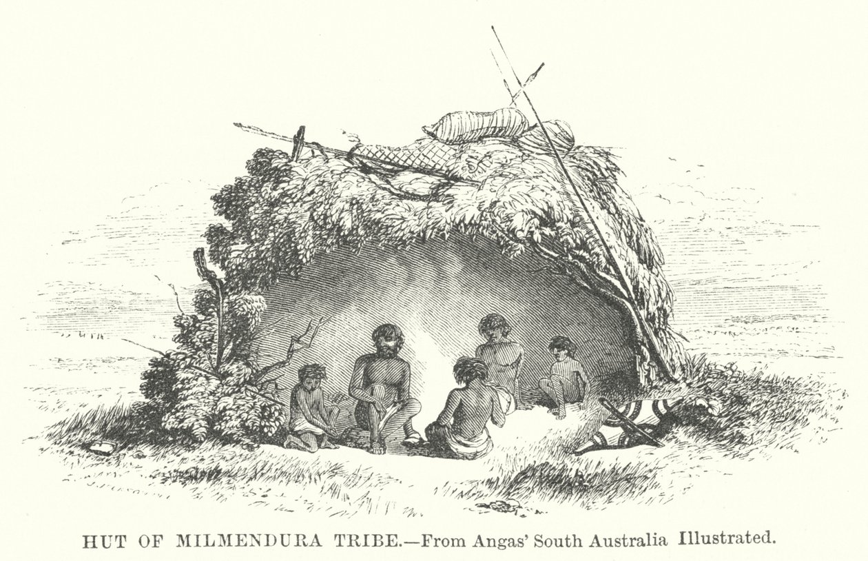 Hut van de Milmendura-stam (gravure) door English School