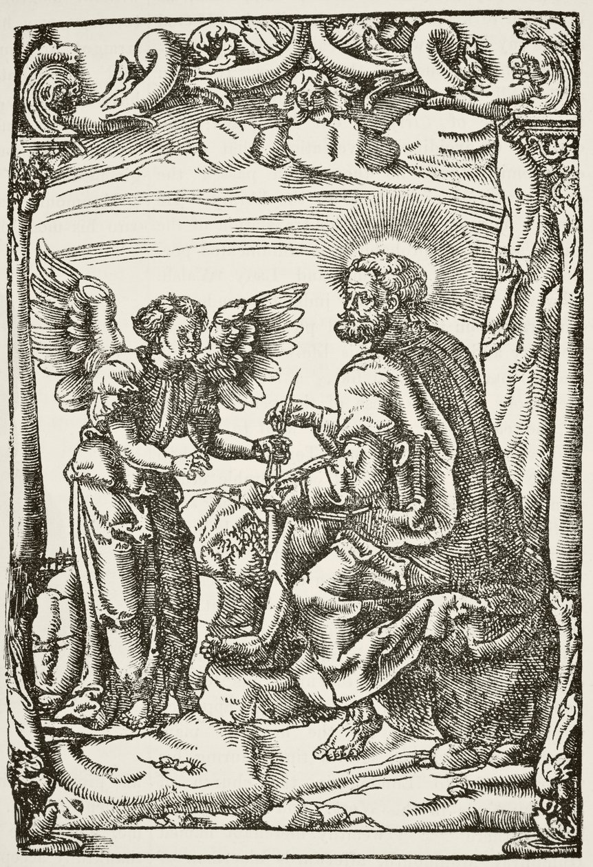 Illustratie van het begin van Tyndales eerste Engelse vertaling van het Nieuwe Testament, gepubliceerd in Keulen in 1525, uit The National and Domestic History of England door William Hickman Smith Aubrey door English School