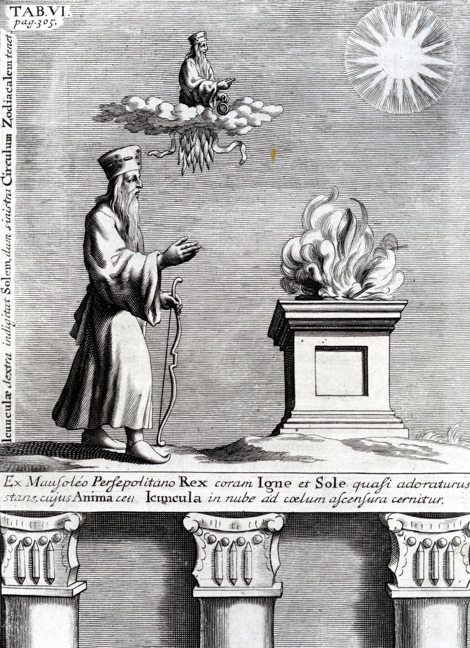 Illustratie van Zoroaster die vuur en de zon aanbidt door English School