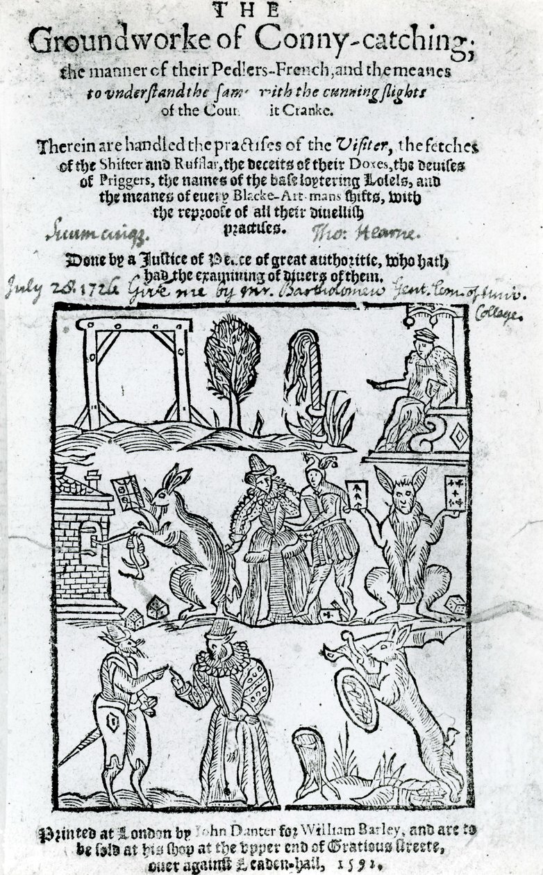 Illustratie van de Grondslag van Conny-catching, 1592 door English School