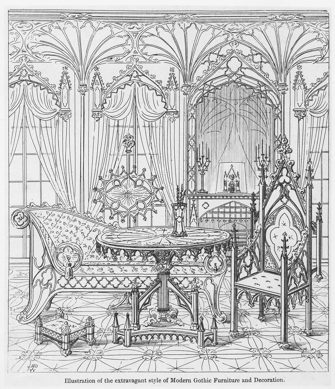 Illustratie van de extravagante stijl van Modern Gothic Furniture and Decoration, uit True Principles of Pointed of Christian Architecture, door Augustus Welby Pugin door English School