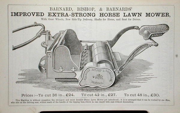 Verbeterde Extra-Sterke Paardengrasmaaier, illustratie uit een tuincatalogus, gepubliceerd door Barnard Bishop & Barnard door English School