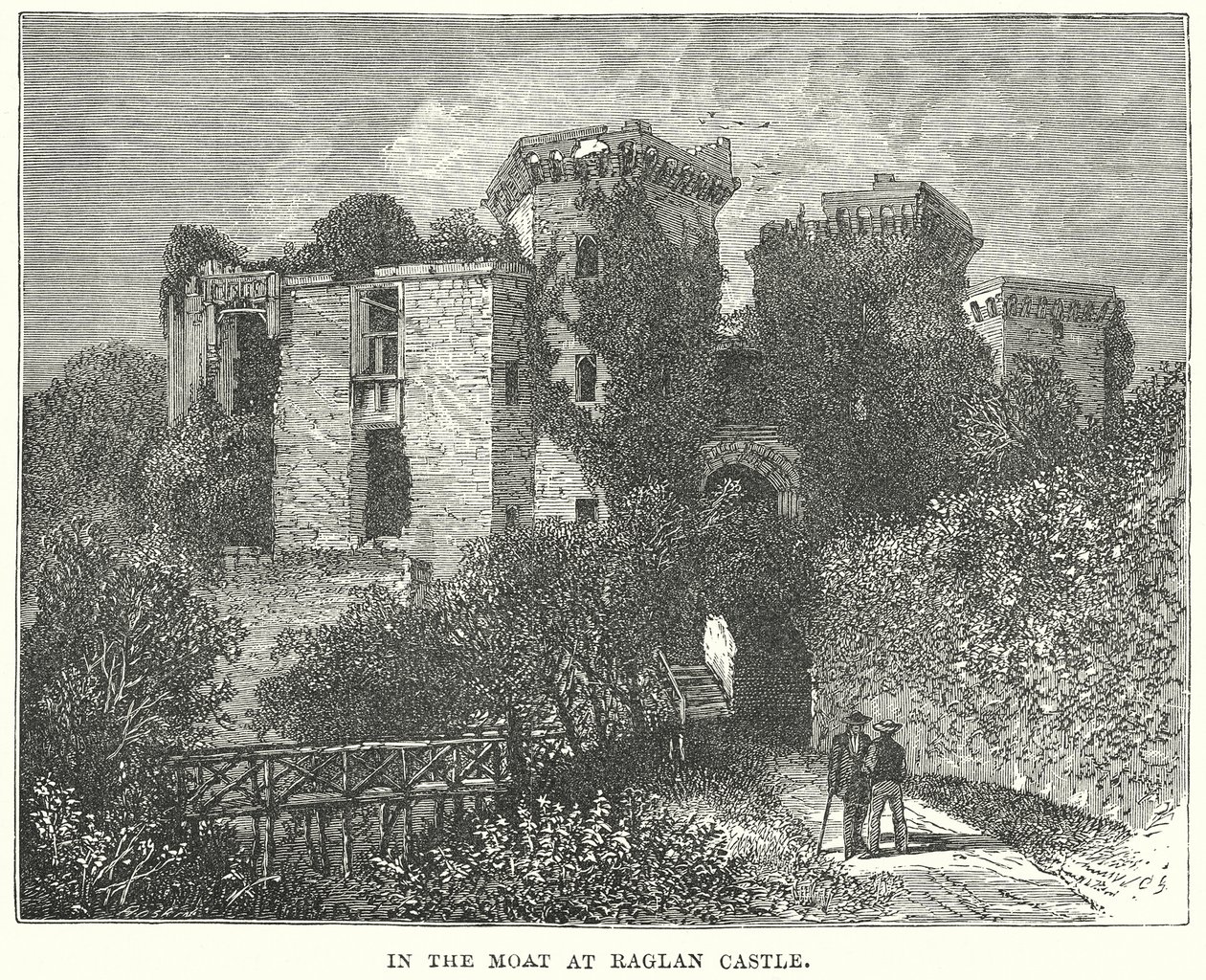 In de gracht van Raglan Castle (gravure) door English School
