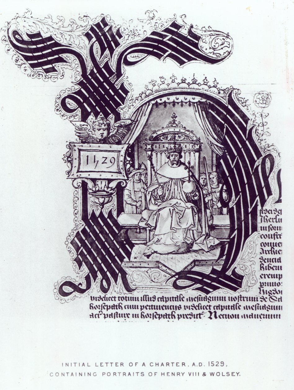 Beginletter van een charter met portretten van Hendrik VIII en Wolsey, 1529 door English School