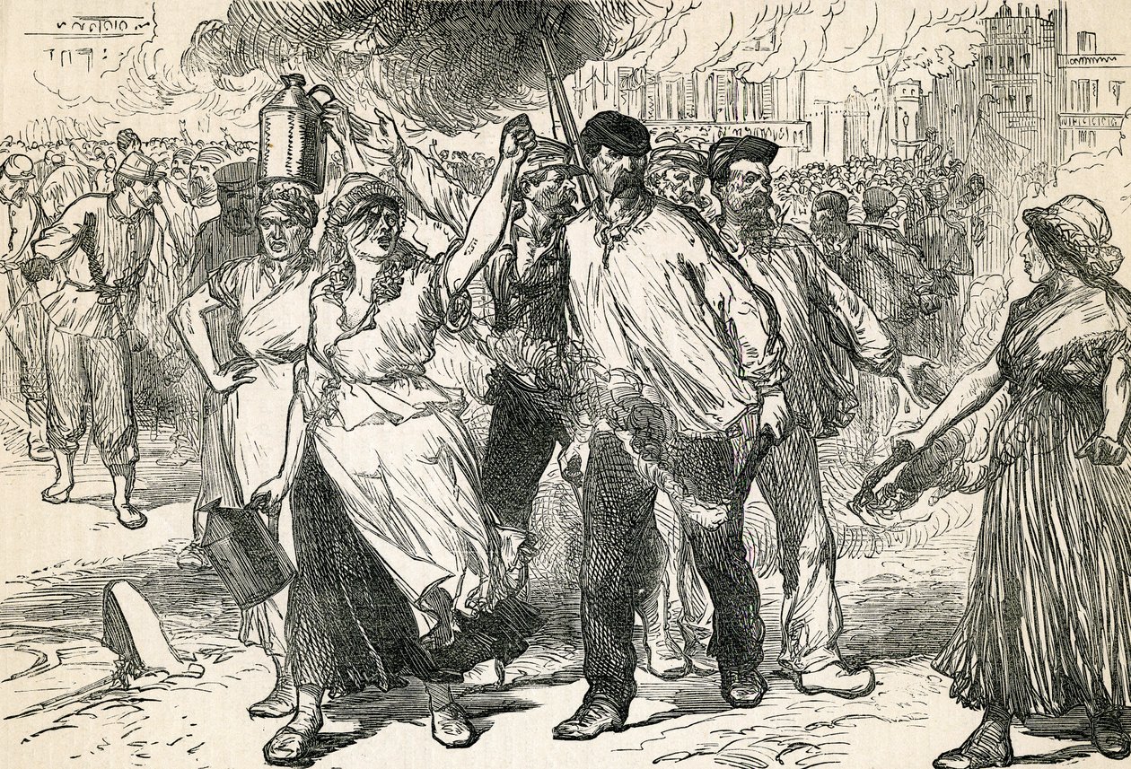 Opstandelingen die de straten van Parijs verwoesten, genomen uit Cassells geïllustreerde geschiedenis, 1872 door English School