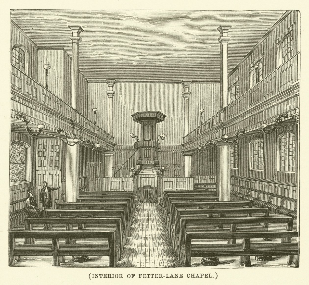 Interieur van de Fetter-Lane kapel (gravure) door English School
