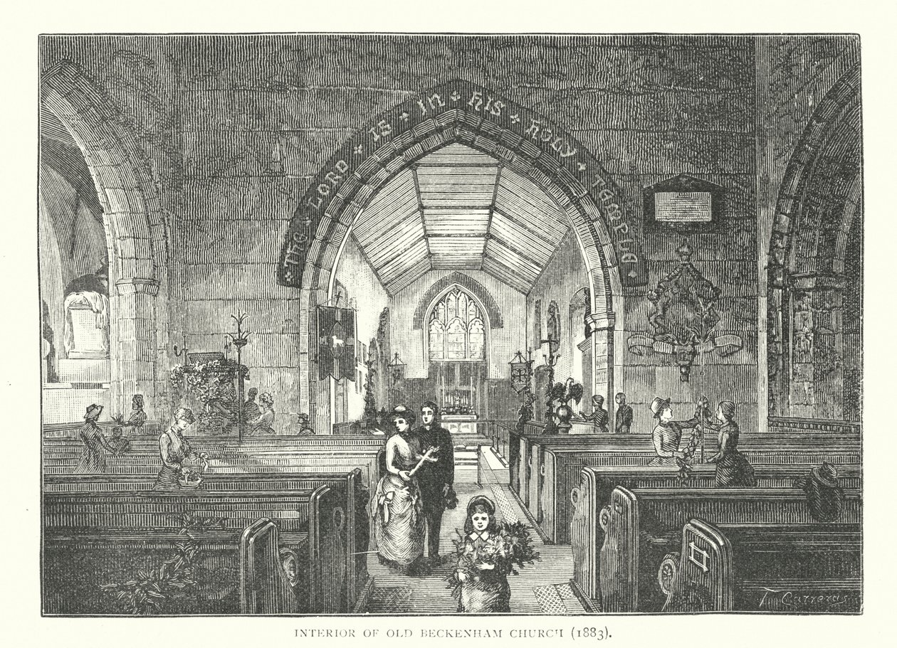Interieur van de oude kerk van Beckenham door English School