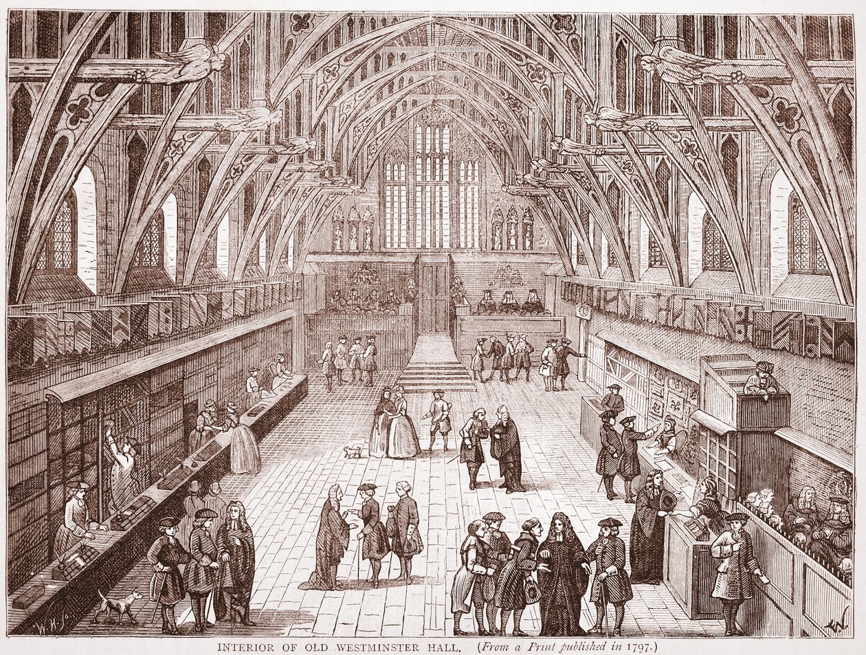 Interieur van de oude Westminster Hall, uit een prent gepubliceerd in 1797 door English School