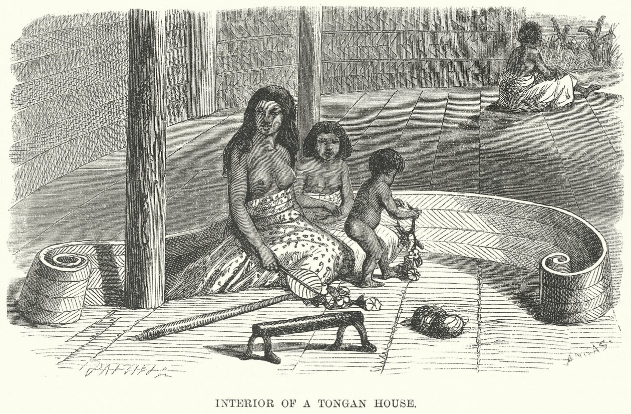 Interieur van een Tongaans huis (gravure) door English School