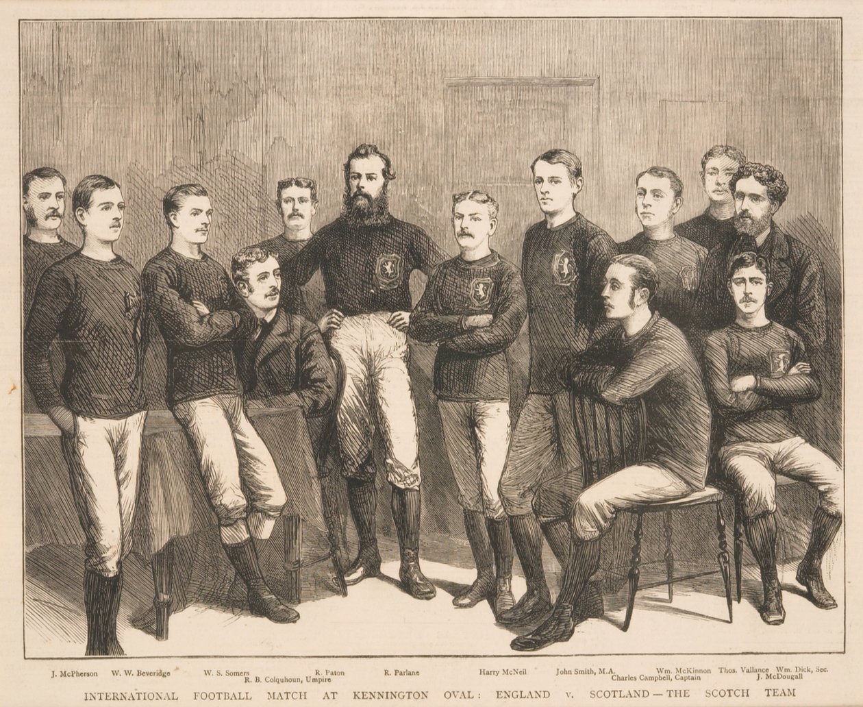 Internationale voetbalwedstrijd op Kennington Oval: Engeland vs. Schotland - Het Schotse team, uit The Graphic, 1879 door English School
