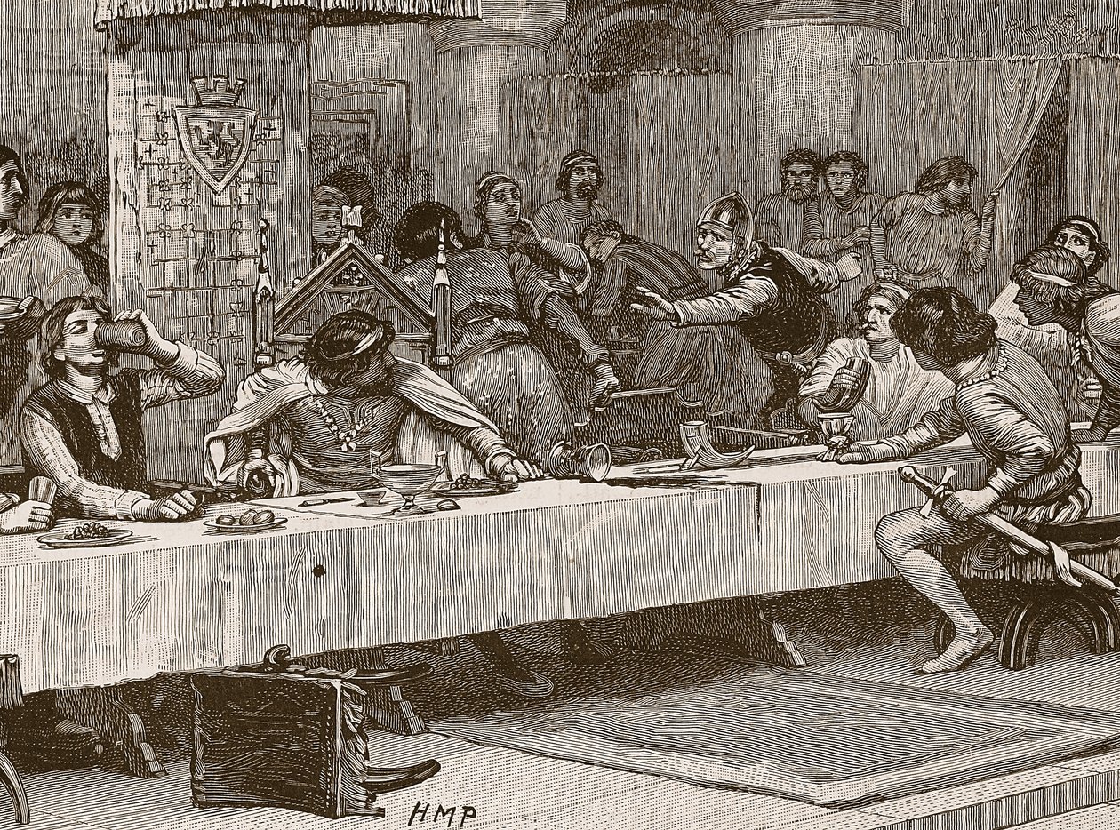 Onderbreking van Balliols kerstdiner, illustratie uit Cassells Geïllustreerde Geschiedenis van Engeland door English School