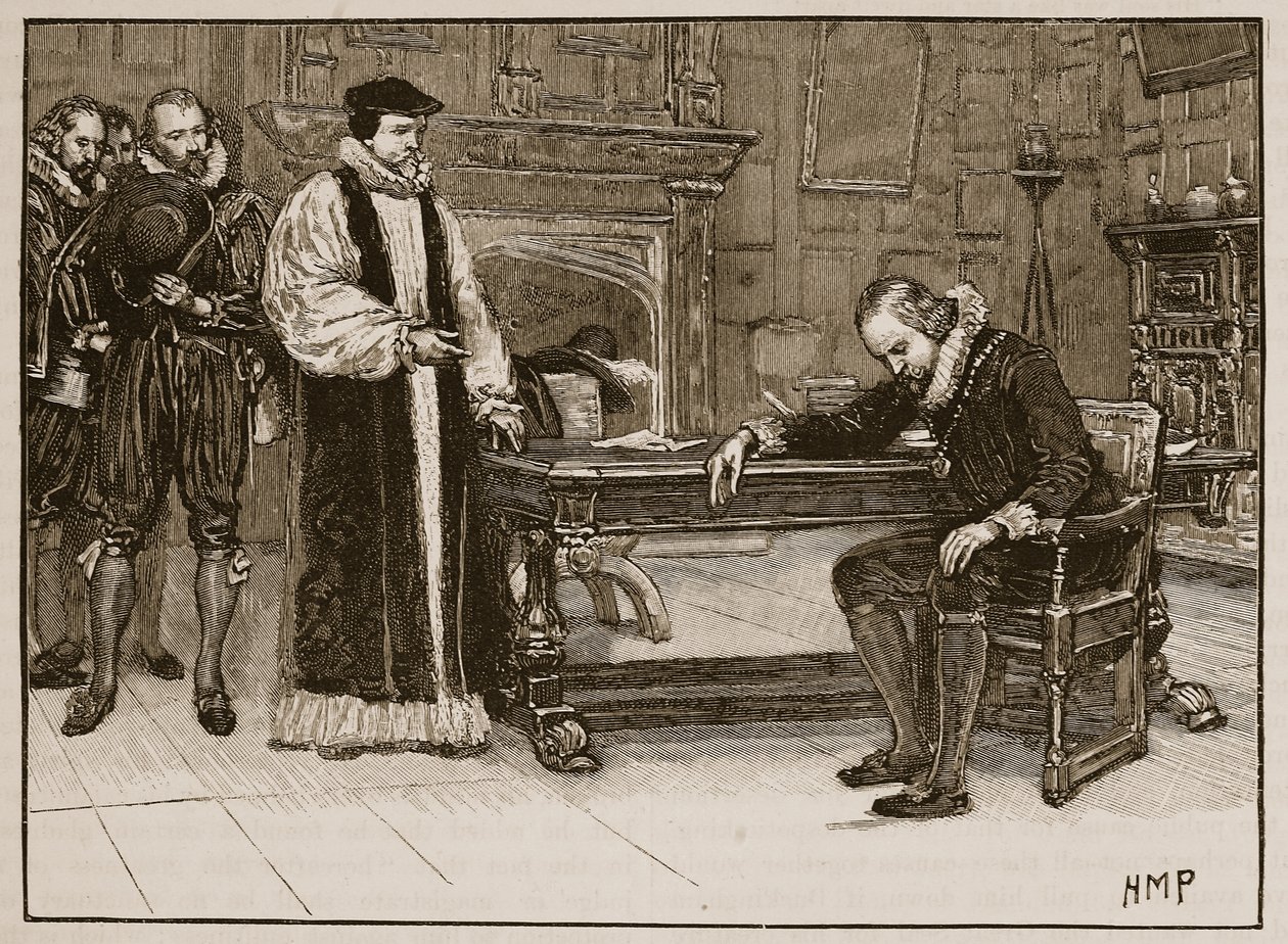 Interview tussen Bacon en de delegatie van de Lords, illustratie uit Cassells Geïllustreerde Geschiedenis van Engeland door English School