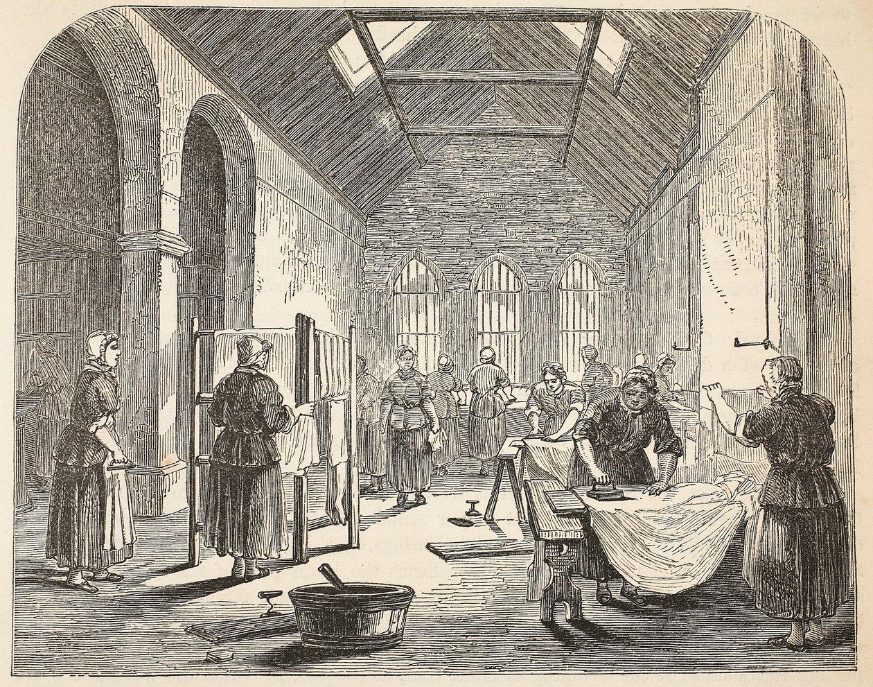 Strijkkamer in de Brixton-gevangenis, illustratie uit The Criminal Prisons of London and Scenes from Prison Life door Henry Mayhew en John Binny, uitgegeven 1862 door English School
