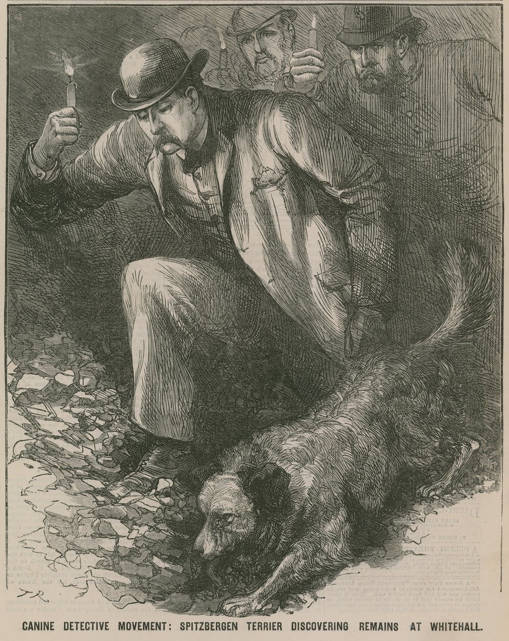 Jack de Ripper: Spitbergen terriër ontdekt stoffelijke resten in Whitehall (gravure) door English School