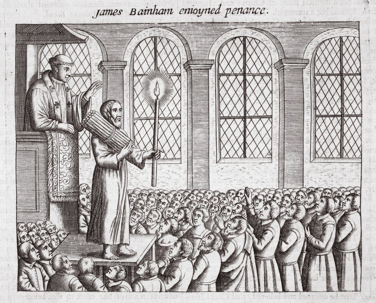 James Bainham opgelegd boetedoening, illustratie uit Handelingen en Monumenten van John Foxe, negende editie, uitgegeven 1684 door English School