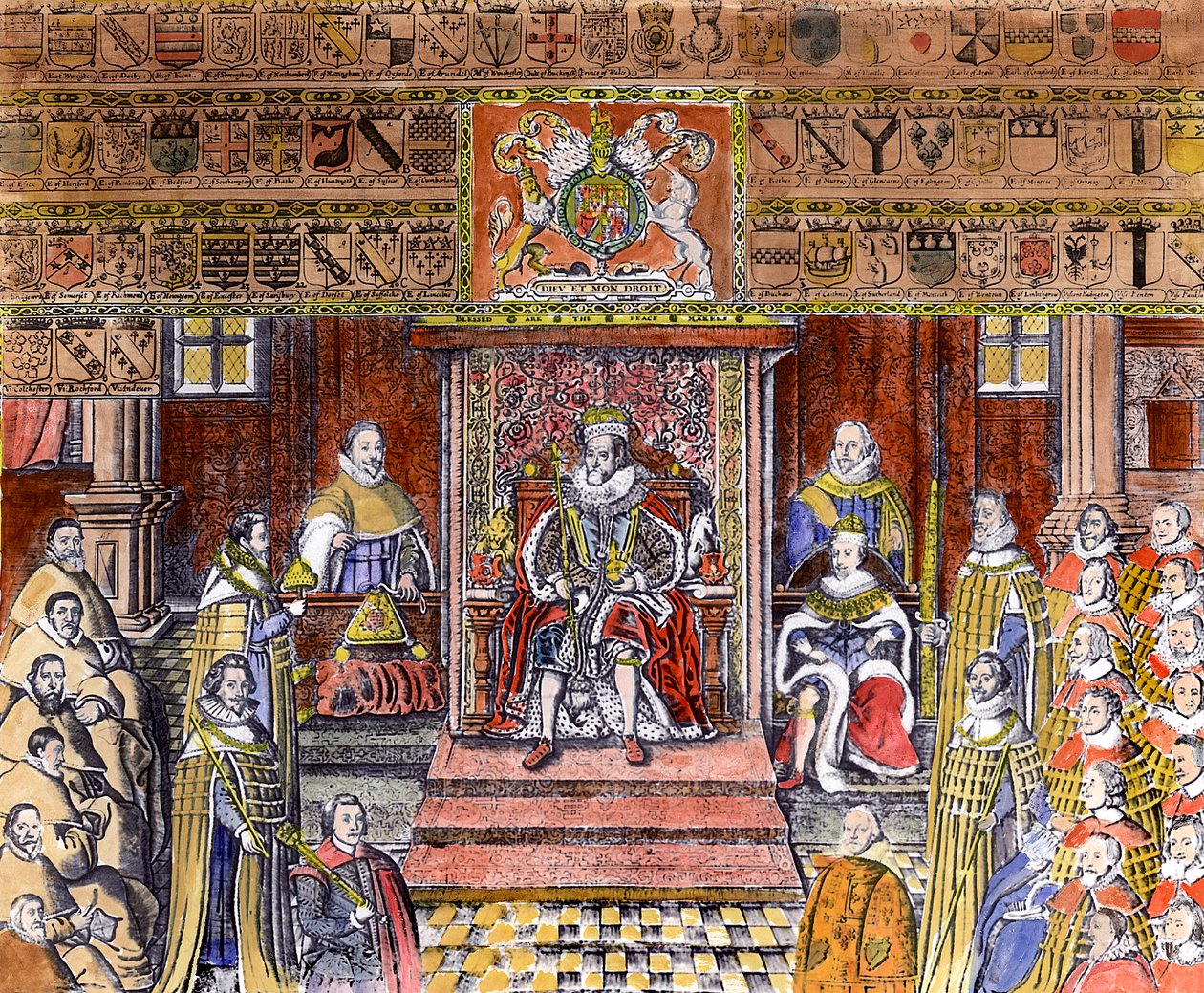 Jacob I van Engeland (1566-1625) aan het hof (later ingekleurd) door English School