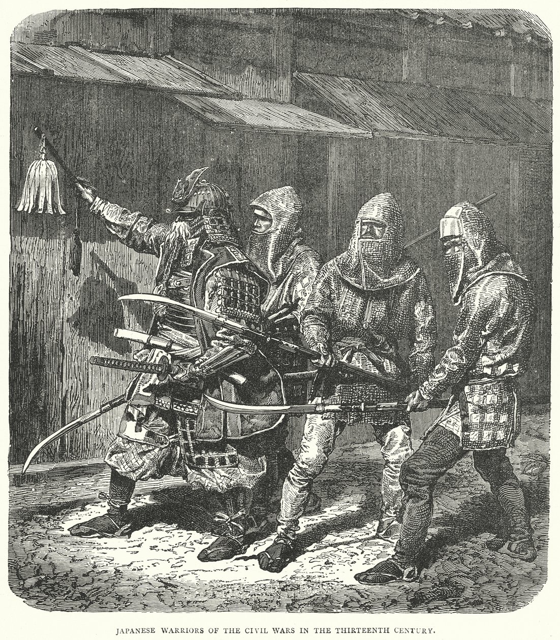Japanse krijgers van de burgeroorlogen in de dertiende eeuw (gravure) door English School