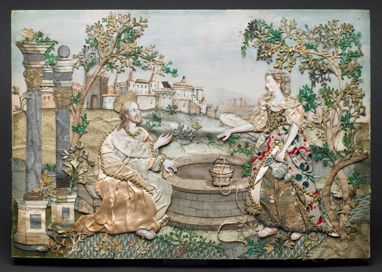 Jezus met de vrouw van Samaria (zijde, papier, garen, pailletten, metallic afwerking, inkt  aquarel op hout) door English School