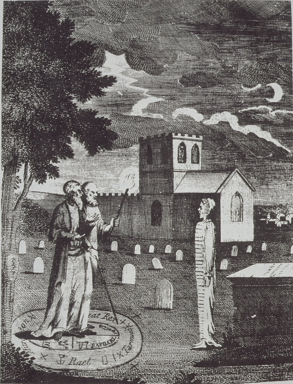 John Dee en Edward Kelly die de doden oproepen, uit een Geschiedenis van de Magie, gepubliceerd eind 19e eeuw door English School